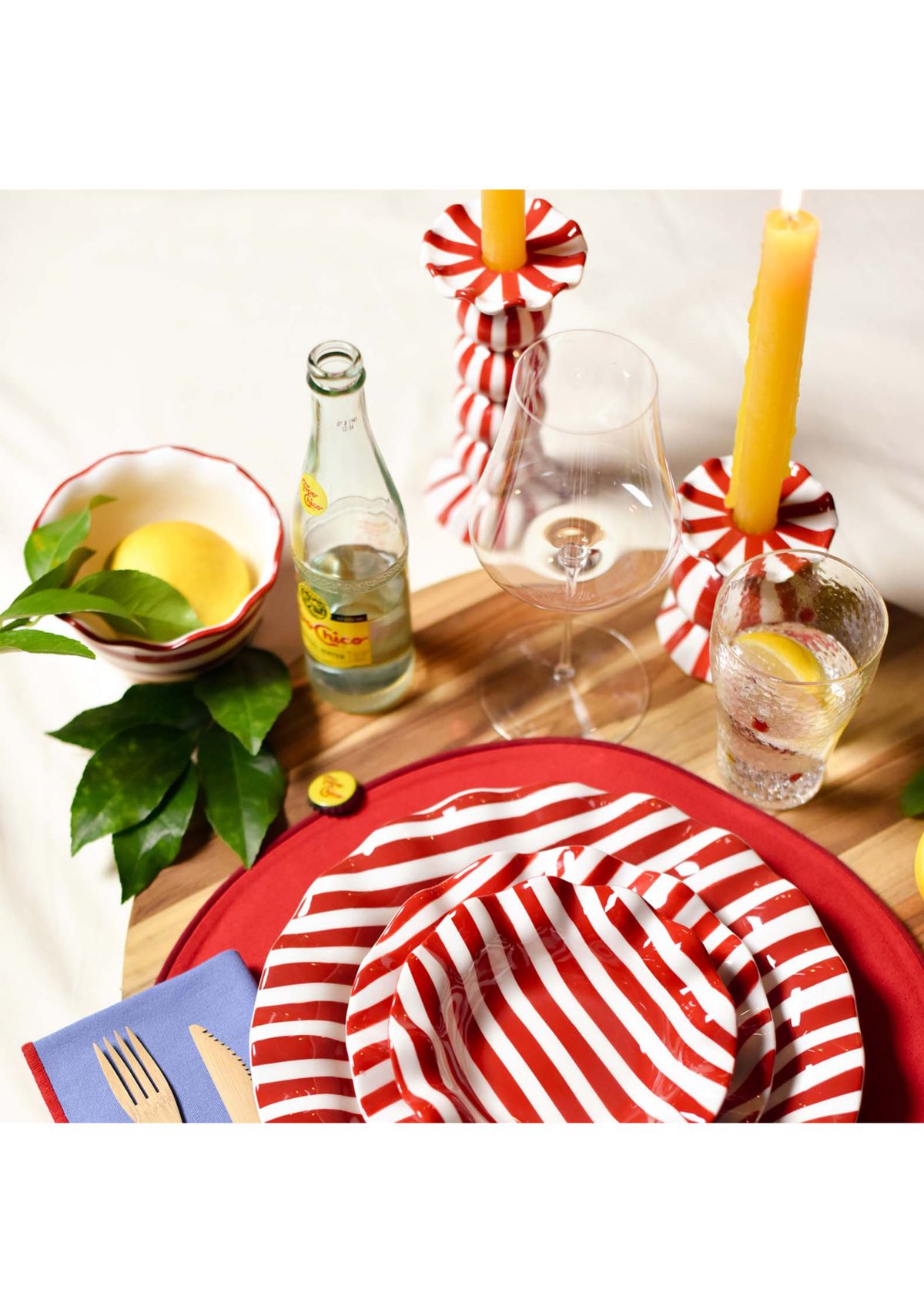 Red Stripe Small Ruffle Knob Candle Holder