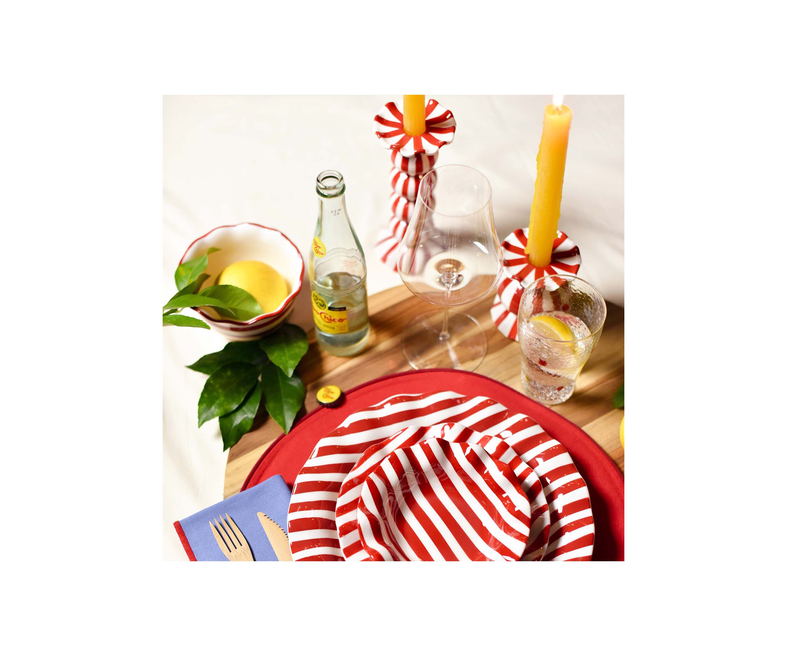 Red Stripe Small Ruffle Knob Candle Holder