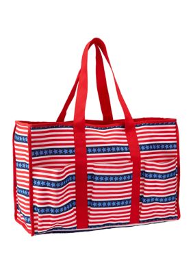 red and white striped beach bag