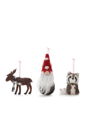 modern.southern.home.cozy christmas set of 3 ornaments moose gnome and raccoo