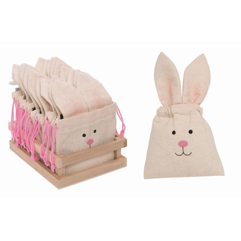 Transpac Polyester 7 in. Off-White Easter Bunny Treat Sack with Wood Display Set of 12