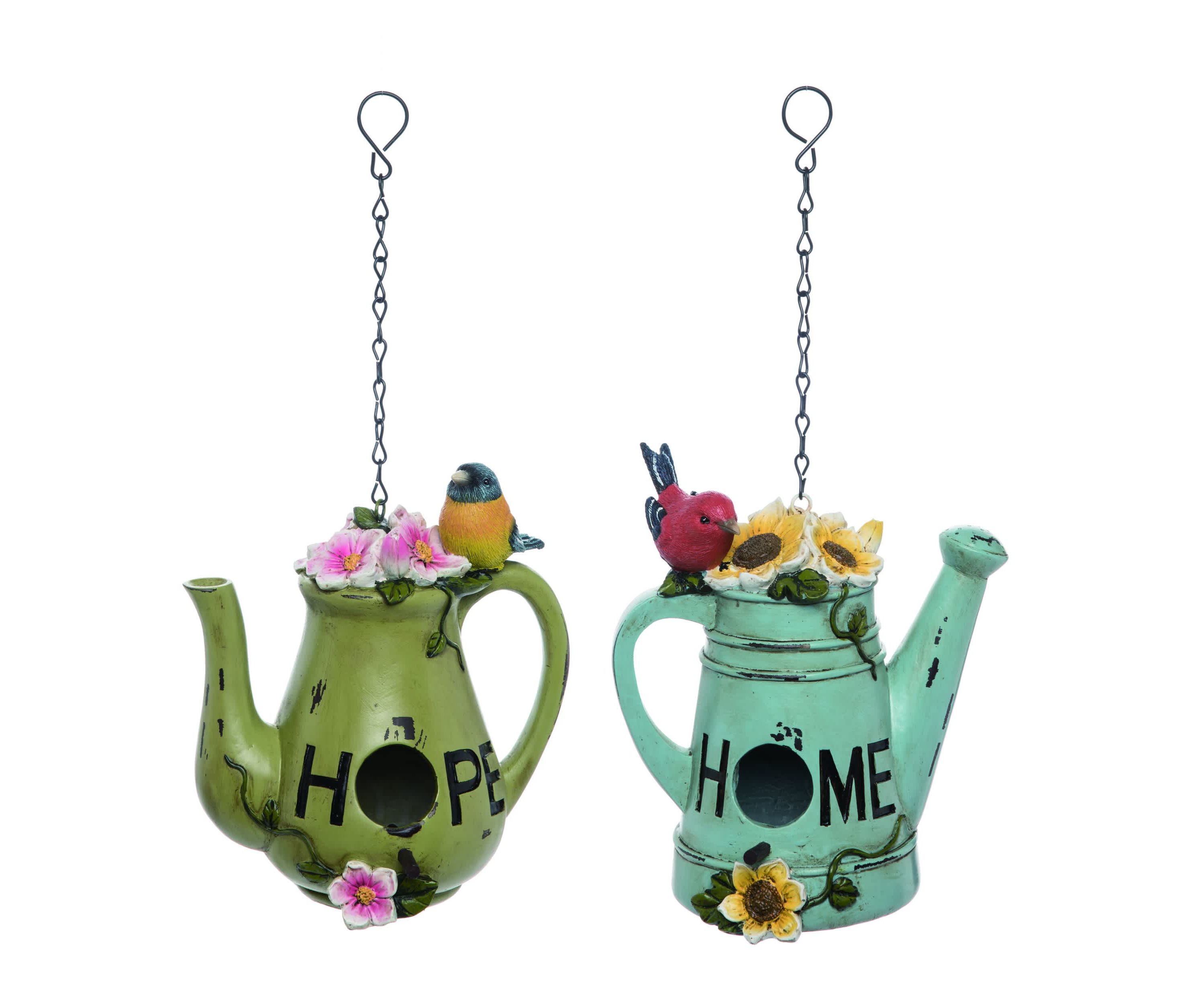 Transpac Resin Bird & Flower Home and Welcome Watering Can Feeder Set of 2, Home and Garden Decorations