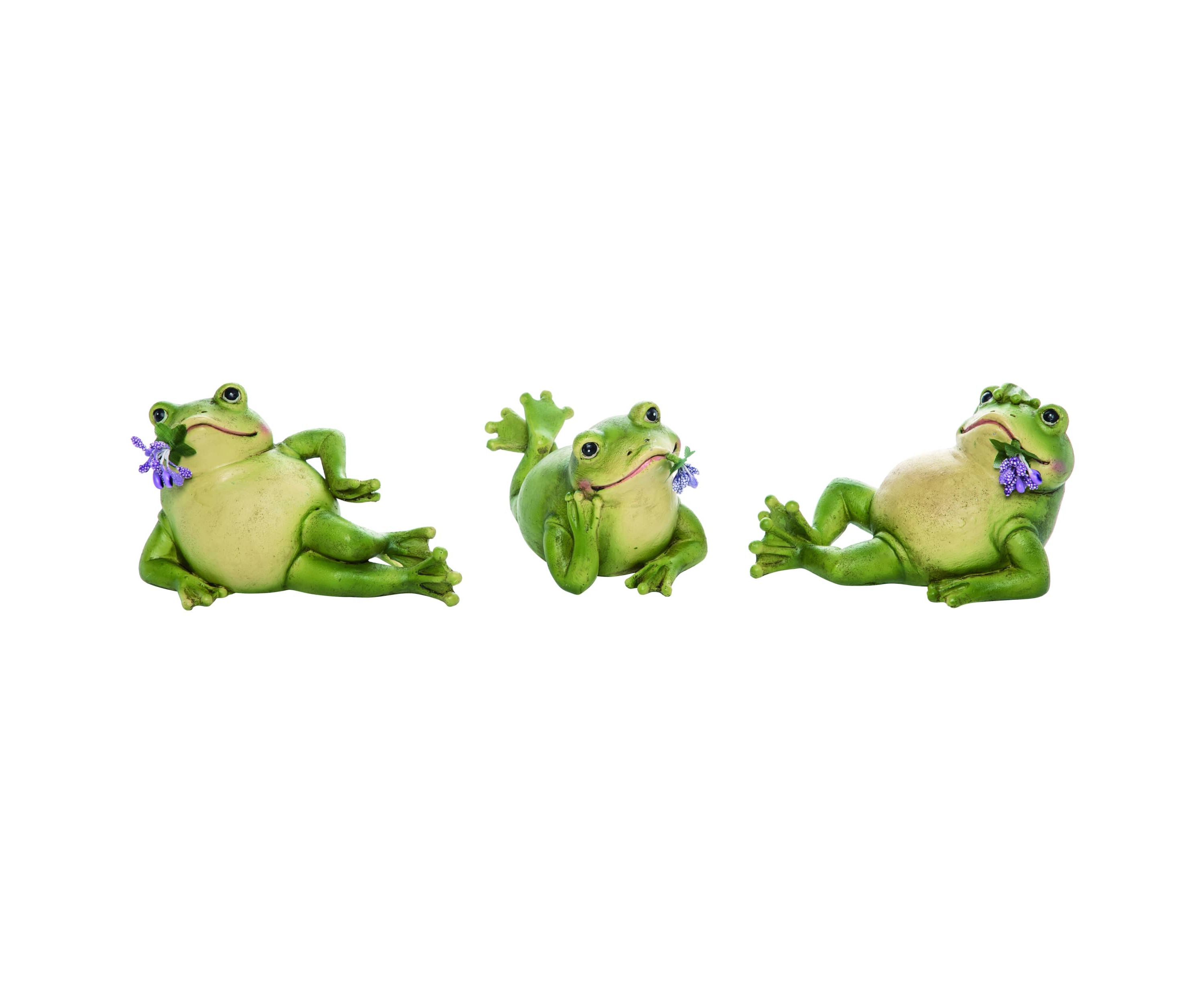 Transpac Resin Green Posing Frog Figurines W/Flower Set of 3, Home and Garden Decorations