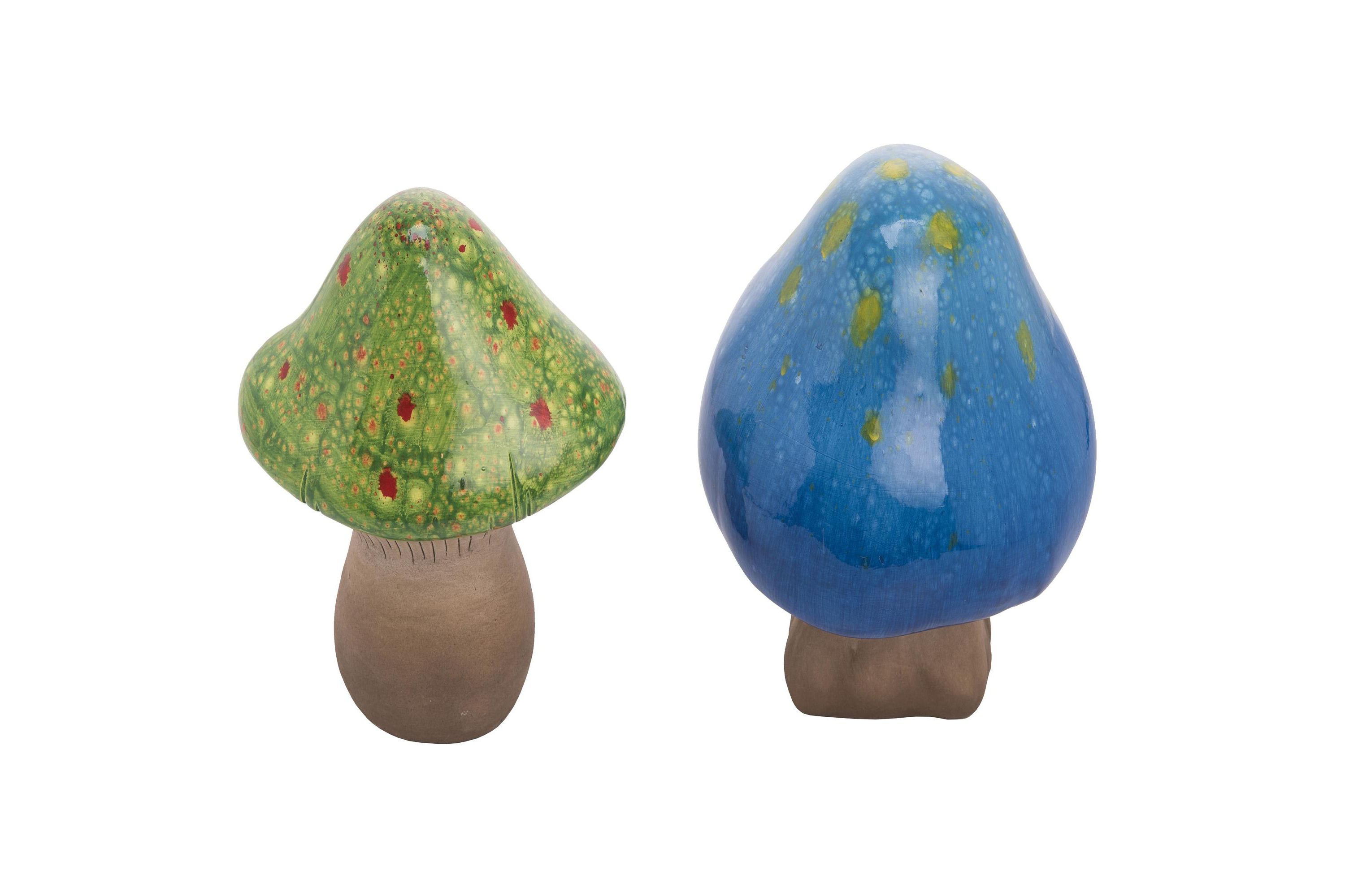 Transpac Small Terracotta Glazed Green Blue Mushroom Figurines Set of 2 Home and Garden Decorations