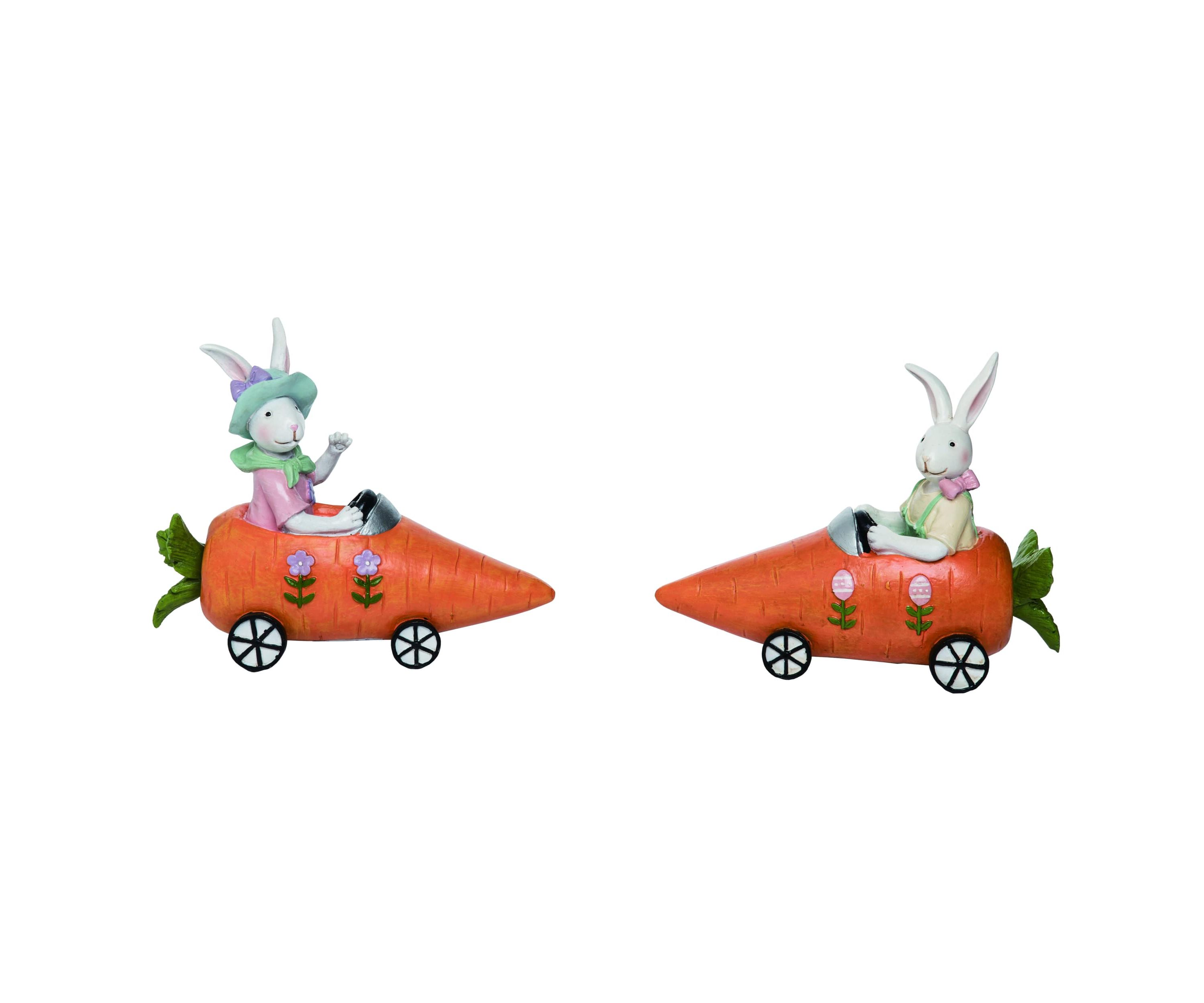 Transpac Resin Easter Bunny Driving Carrott Cars Figurines Set of 2 Home Decorations Tabletop Mantel
