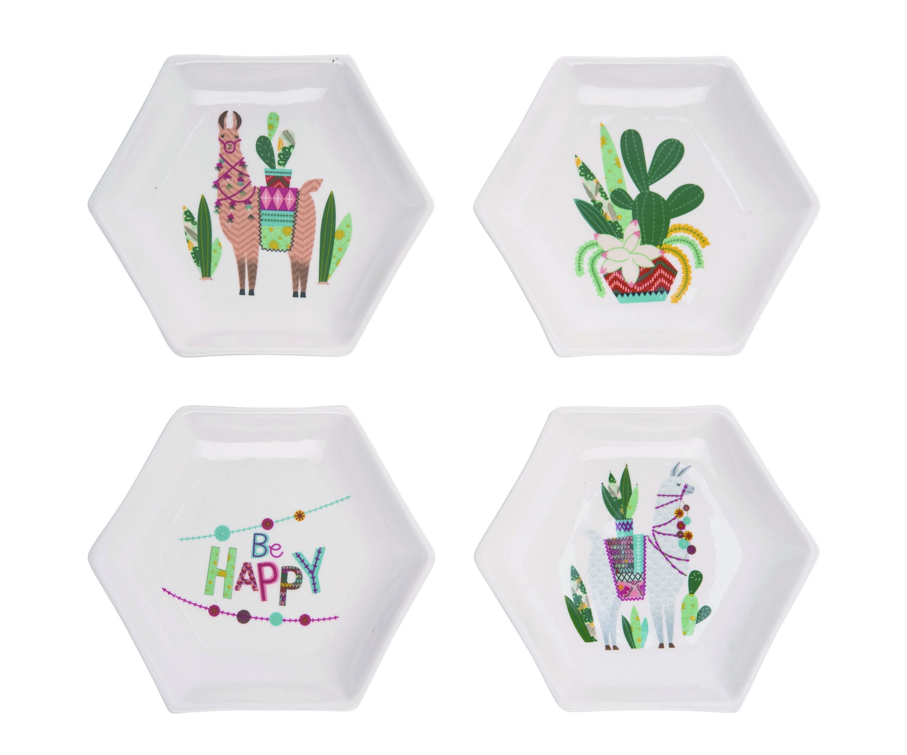 Transpac Ceramic Hexagon Southwest Lama Cactus Plate Set of 4 Home Decorations
