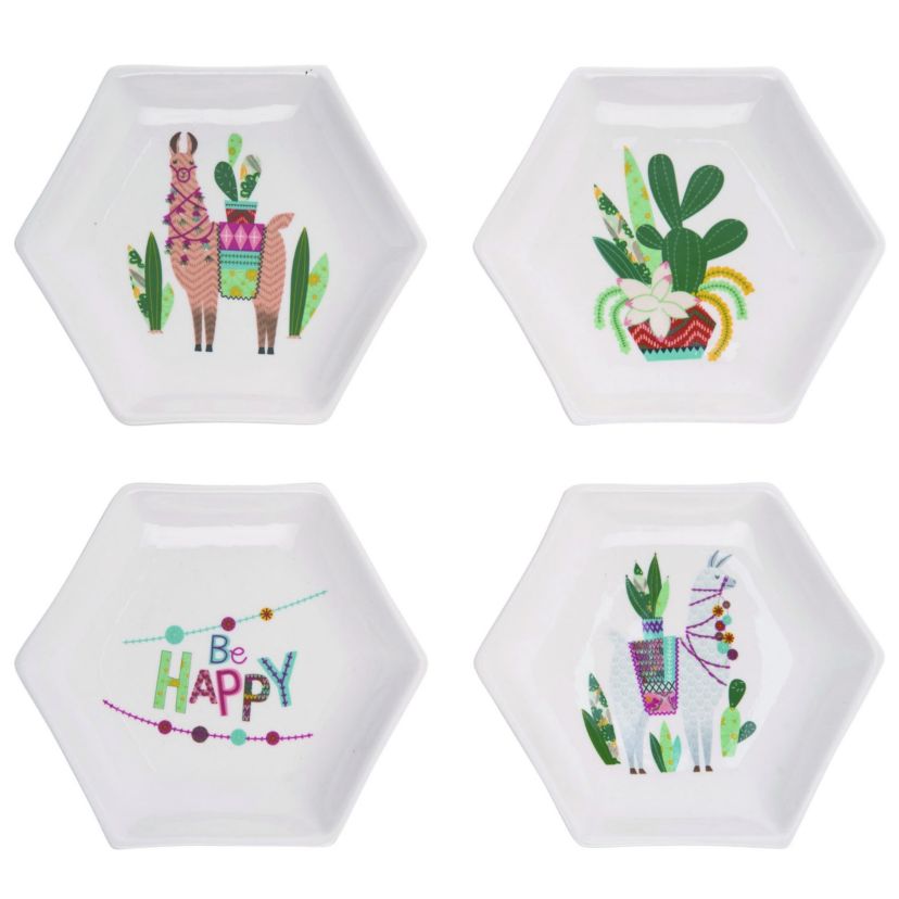 Transpac Ceramic Hexagon Southwest Lama Cactus Plate Set of 4 Home Decorations