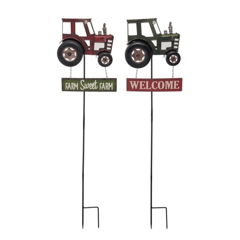 Transpac Metal Tractor Yard Stake Set of 2 Spring Home Decorations