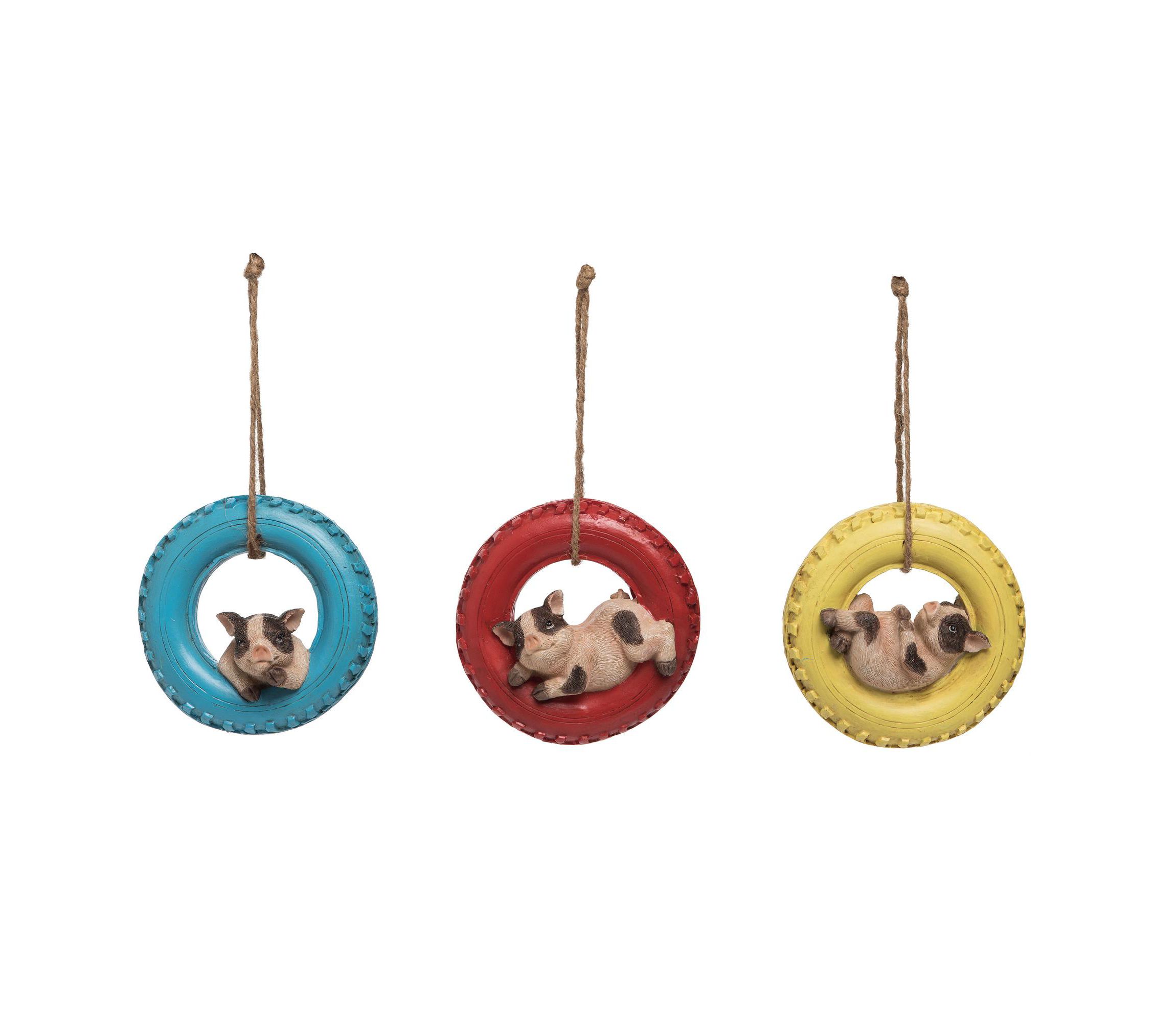 Transpac Resin Pig in Tire Swing Set of 3 Spring Home Decorations