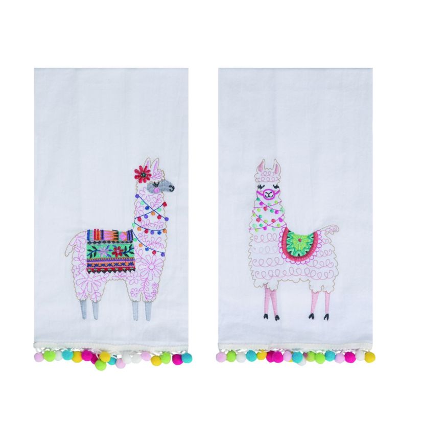 Transpac Cotton Llama Embroidered Tea Towel Set of 2 Spring Home Decorations