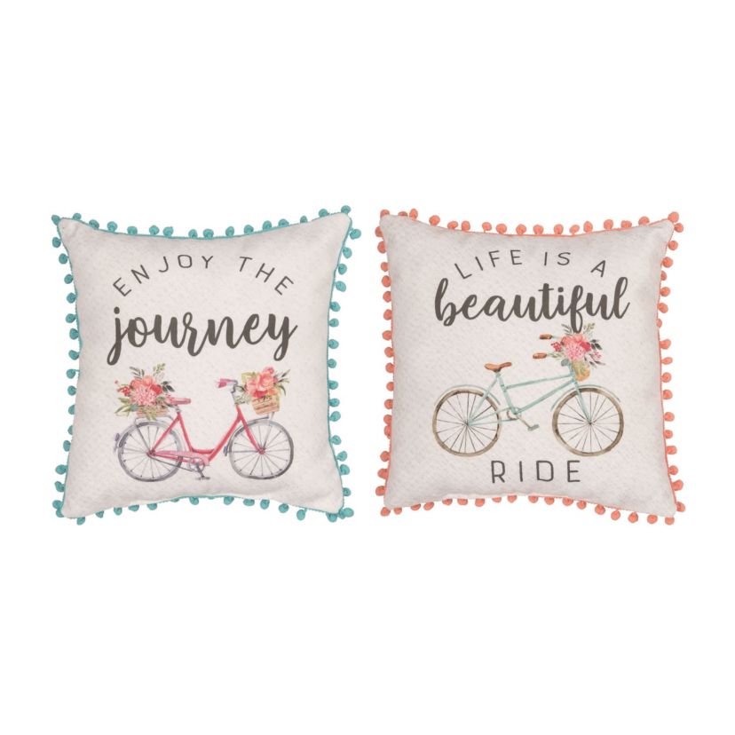 Transpac Fabric Bicycle Pillow w/Pom Poms Set of 2 Spring Home Decorations