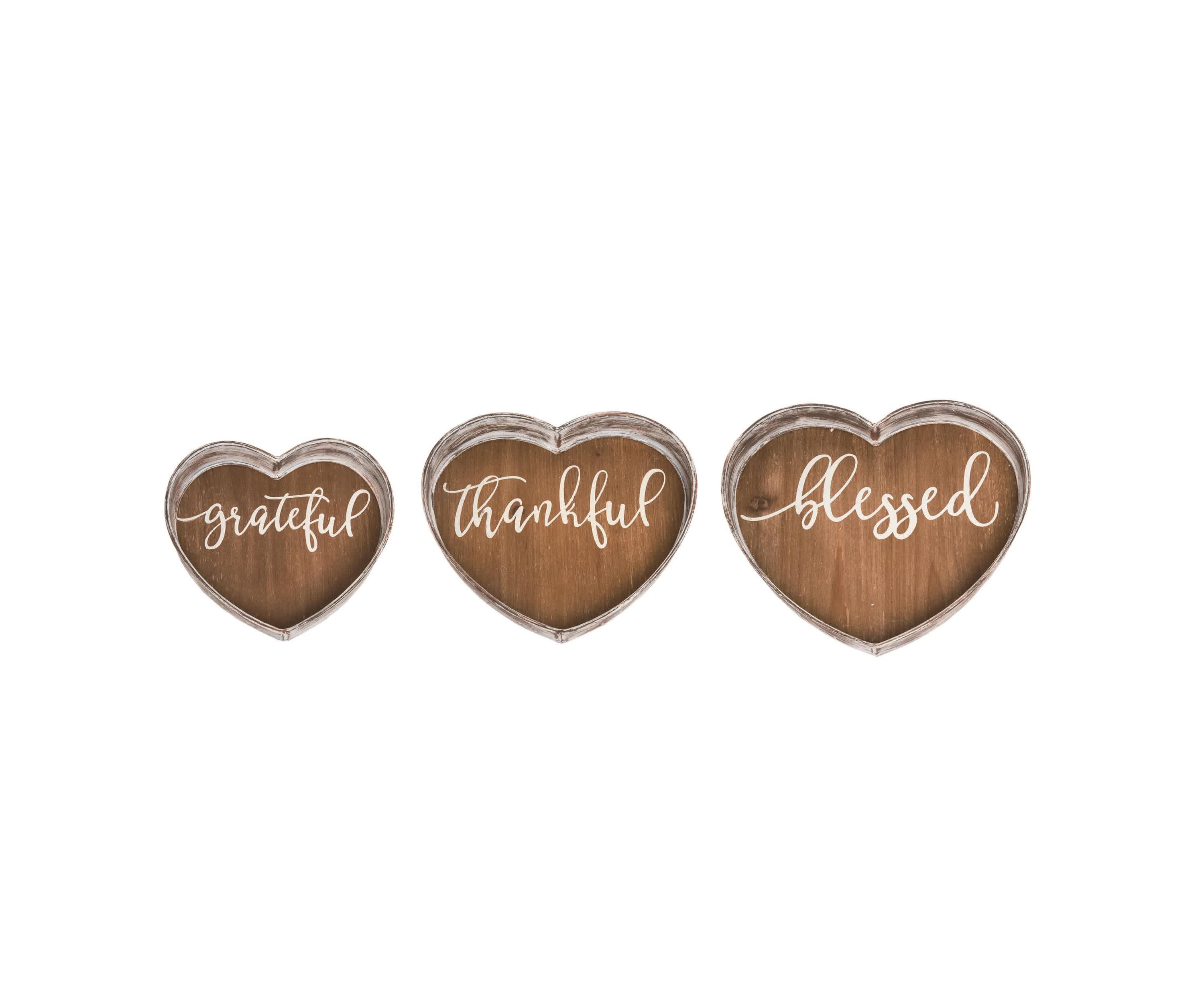 Transpac Metal 14.63 in. Brown Valentines Day Grateful Thankful Blessed Heart Trays Set of 3