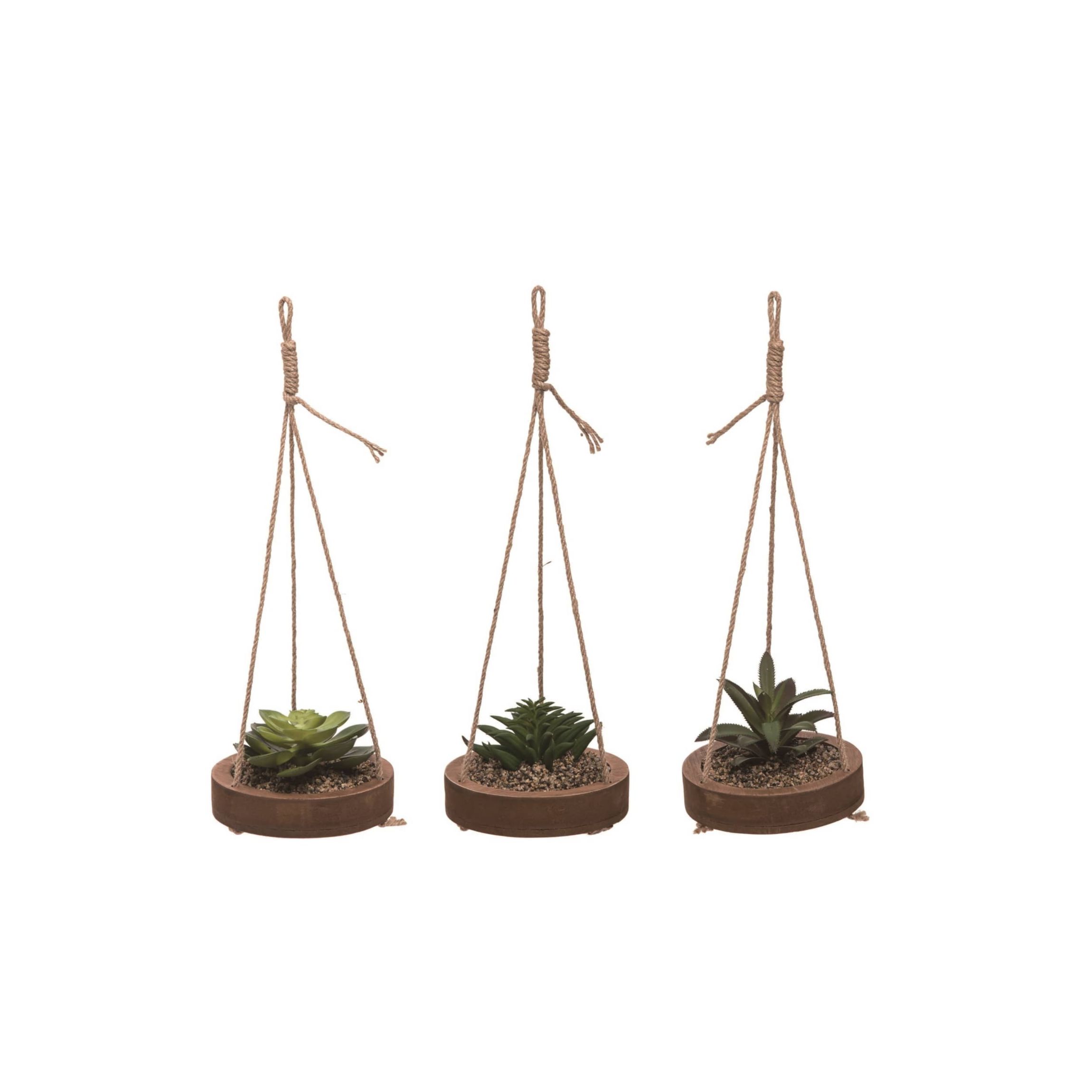 Transpac Wood Hanging Succulent Set of 3 Spring Home Decorations