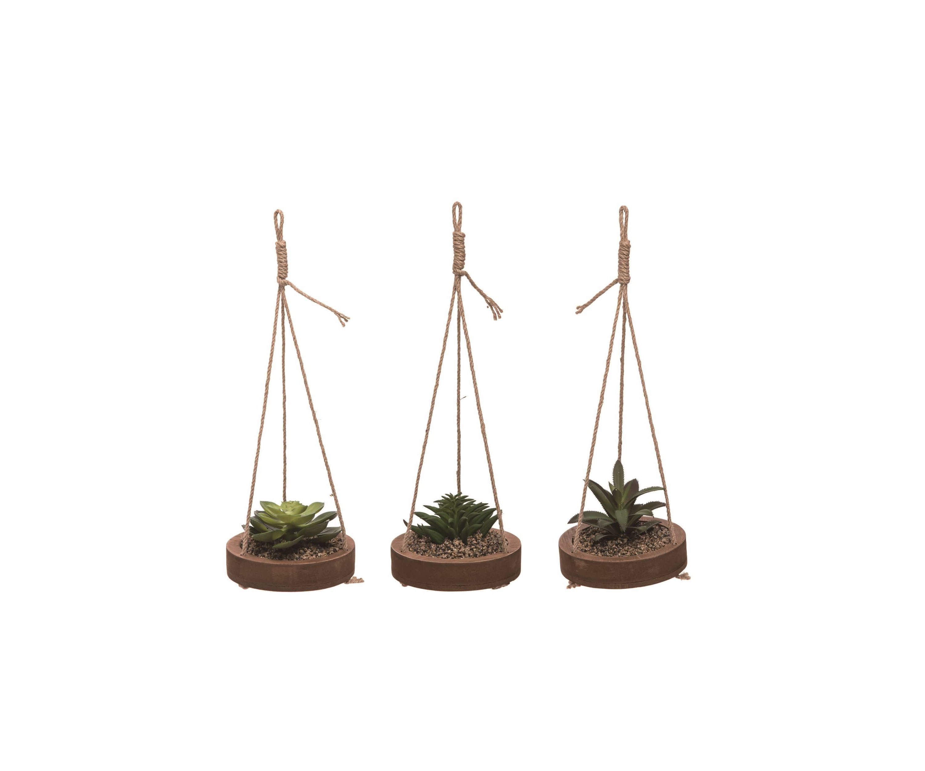 Transpac Wood Hanging Succulent Set of 3 Spring Home Decorations