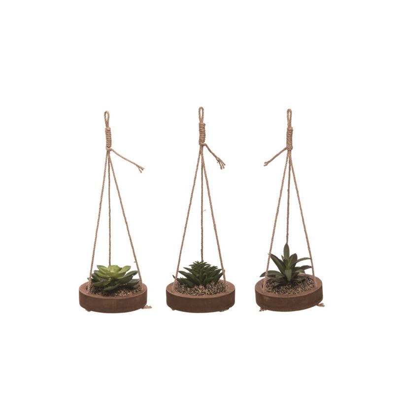 Transpac Wood Hanging Succulent Set of 3 Spring Home Decorations