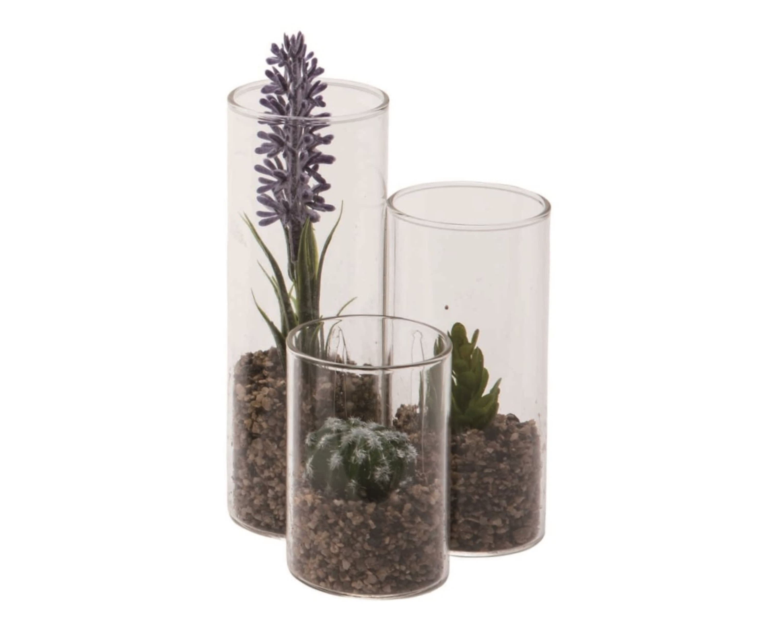 Transpac Glass 5 in. Clear Spring 3-Tiered Vase Faux Succulents Display