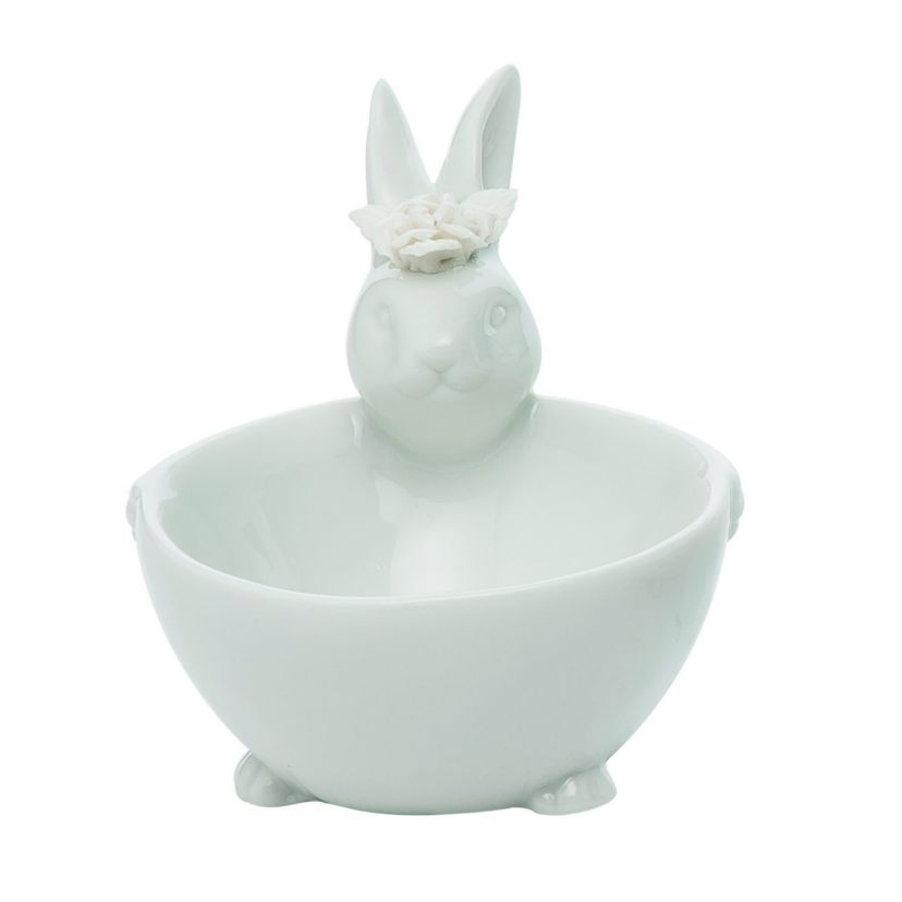 Transpac Ceramic 4.6 in. White Easter Bunny Bowl with White Flowers