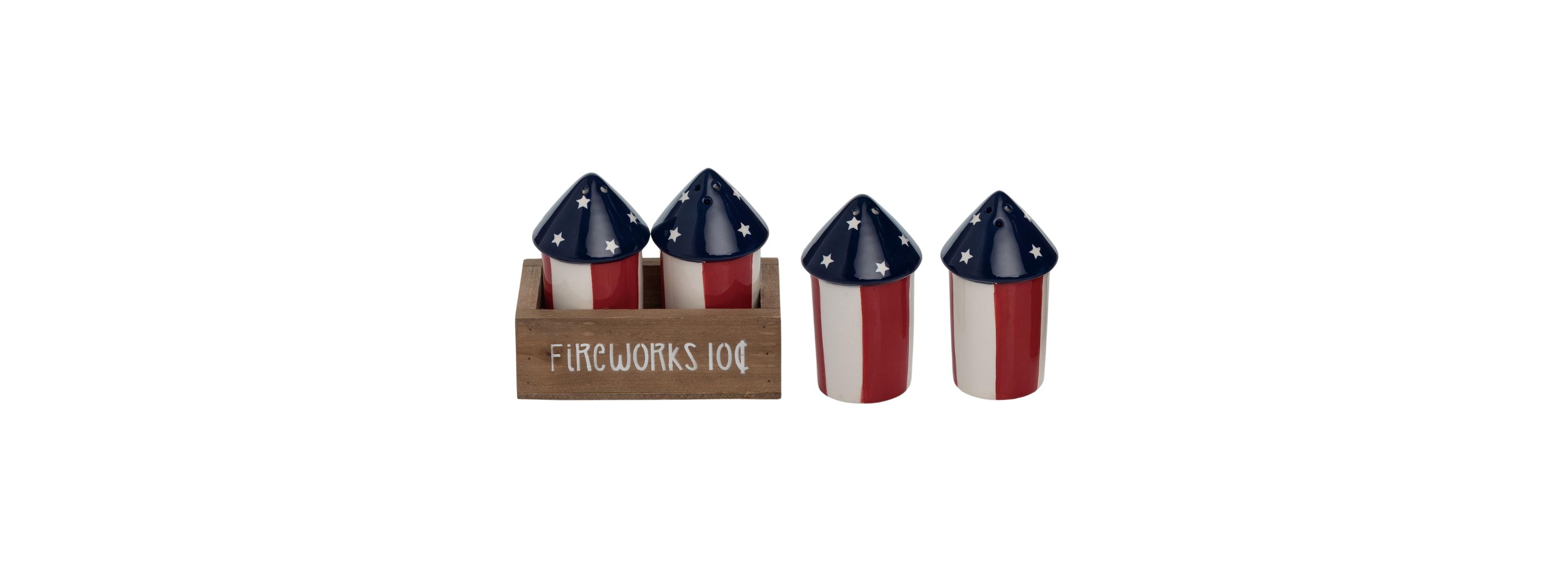 Transpac Dolomite 4.75 in. Patriotic Fireworks with Crate Salt and Pepper Shaker Set of 3