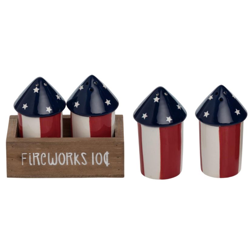 Transpac Dolomite 4.75 in. Patriotic Fireworks with Crate Salt and Pepper Shaker Set of 3