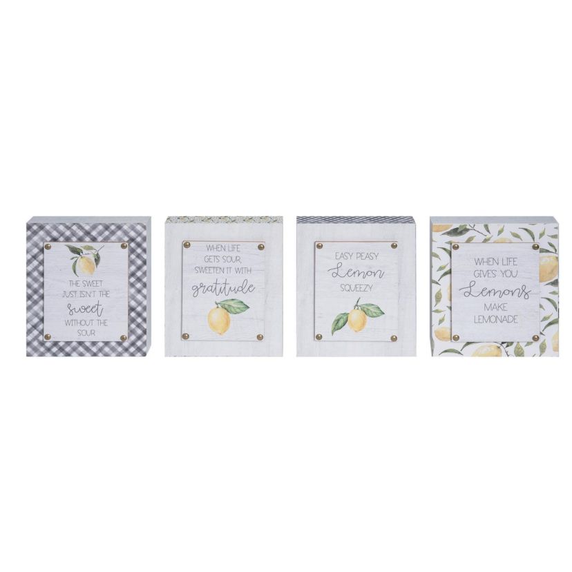 Transpac Large MDF Lemon Tabletop Box Sign Set of 4 Spring Home Decorations
