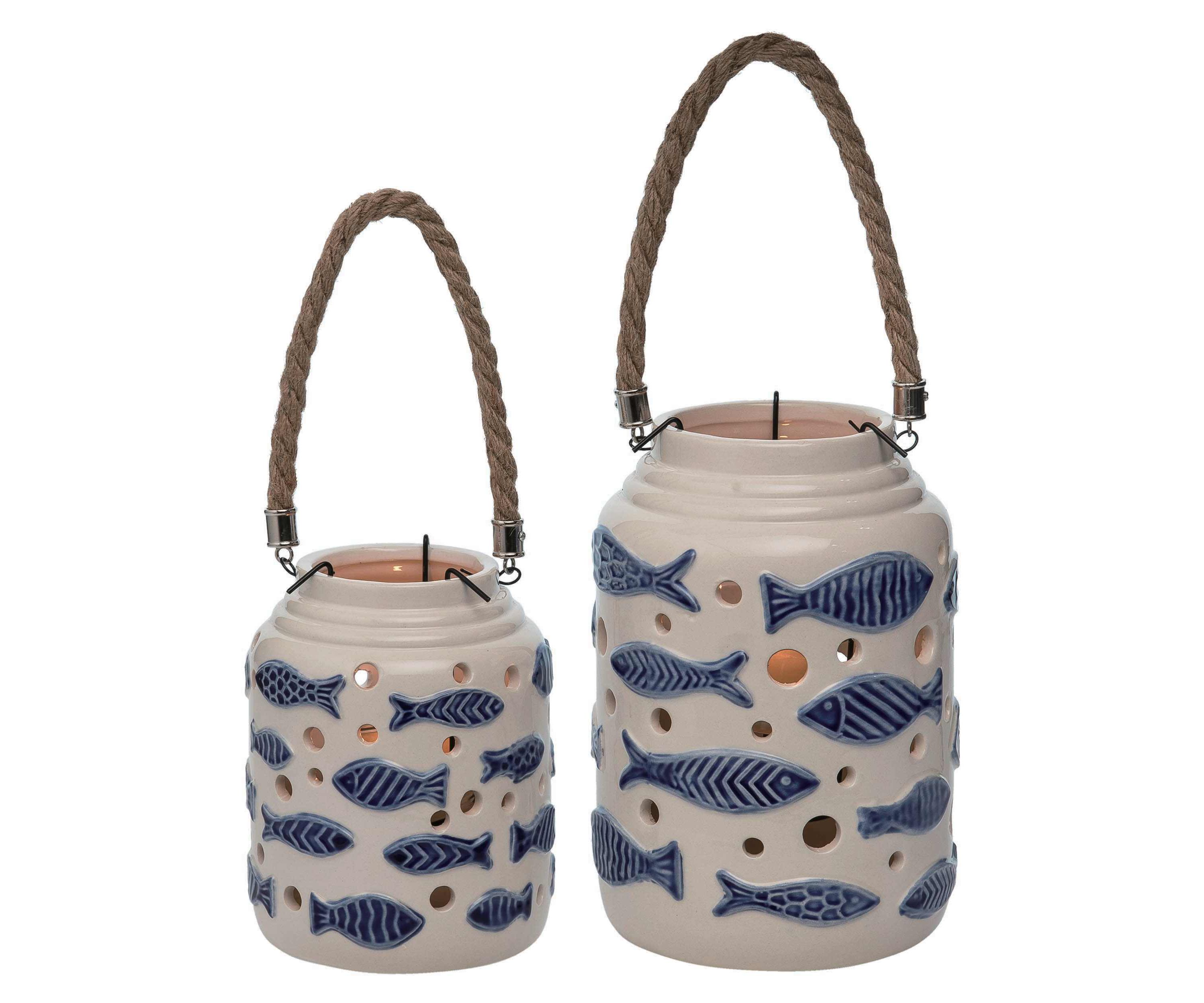 Transpac Ceramic 8.25 in. Spring Blue Fish Patterned Lanterns Set of 2