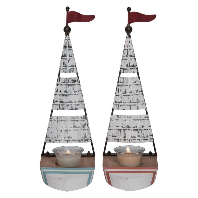 Transpac Large Wood Sailboat Candle Holder Decor Set of 2 KD Spring Home Decorations
