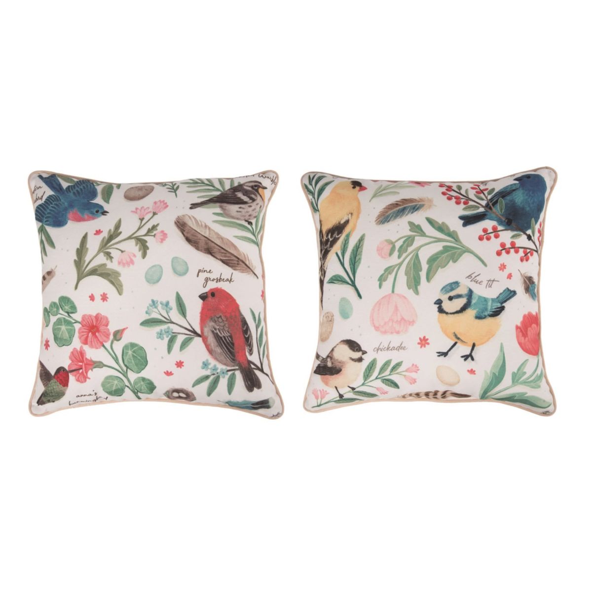 Transpac Fabric Botanical Bird Pillow Set of 2 Spring Home Decorations