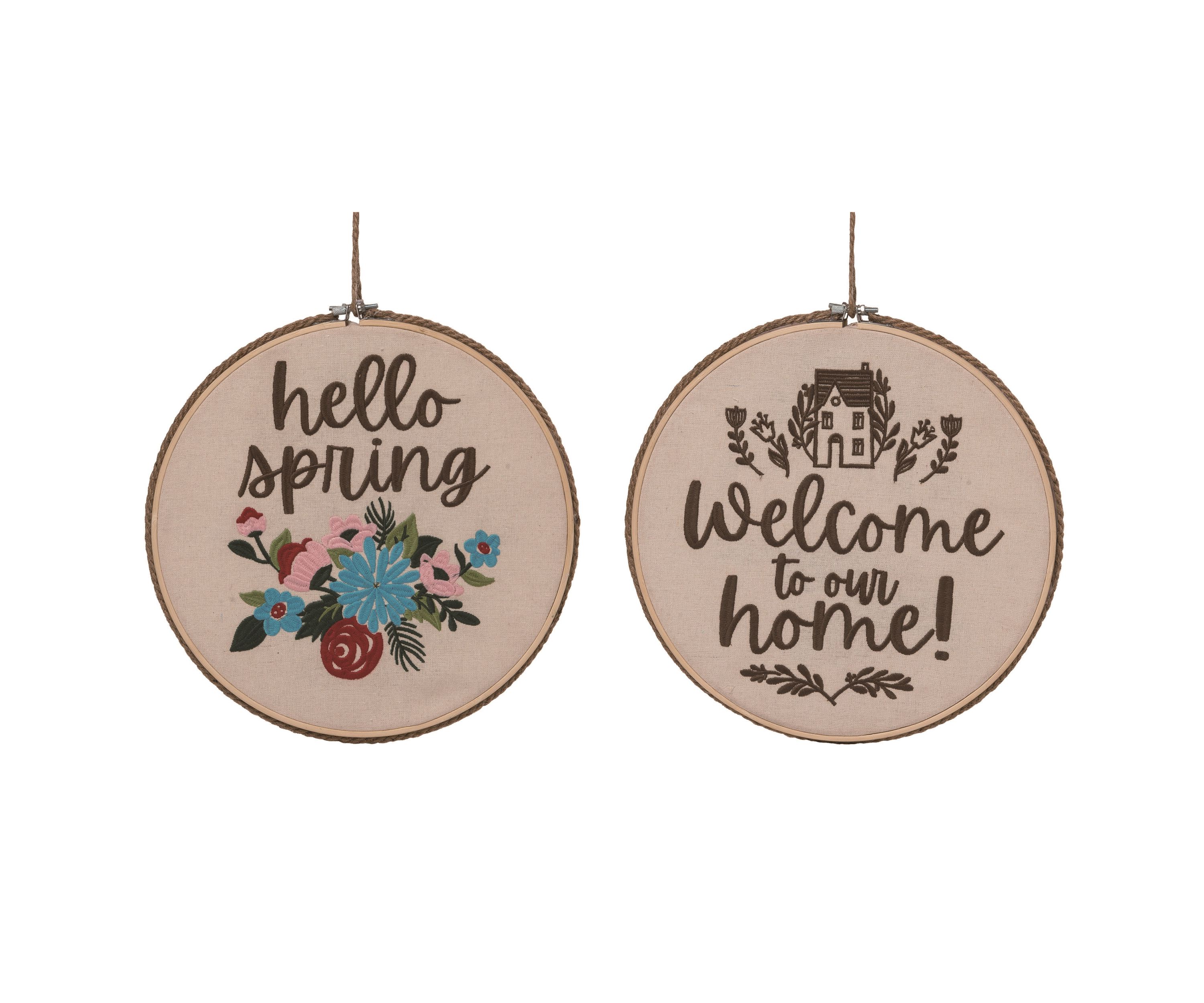 Transpac Cotton 12 in. Multicolor Spring Hello and Welcome Home Reversible Embroidery Hoop