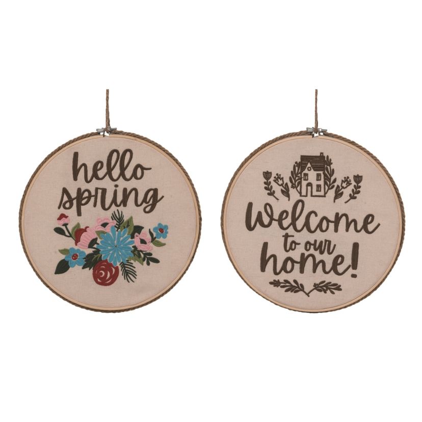 Transpac Cotton 12 in. Multicolor Spring Hello and Welcome Home Reversible Embroidery Hoop