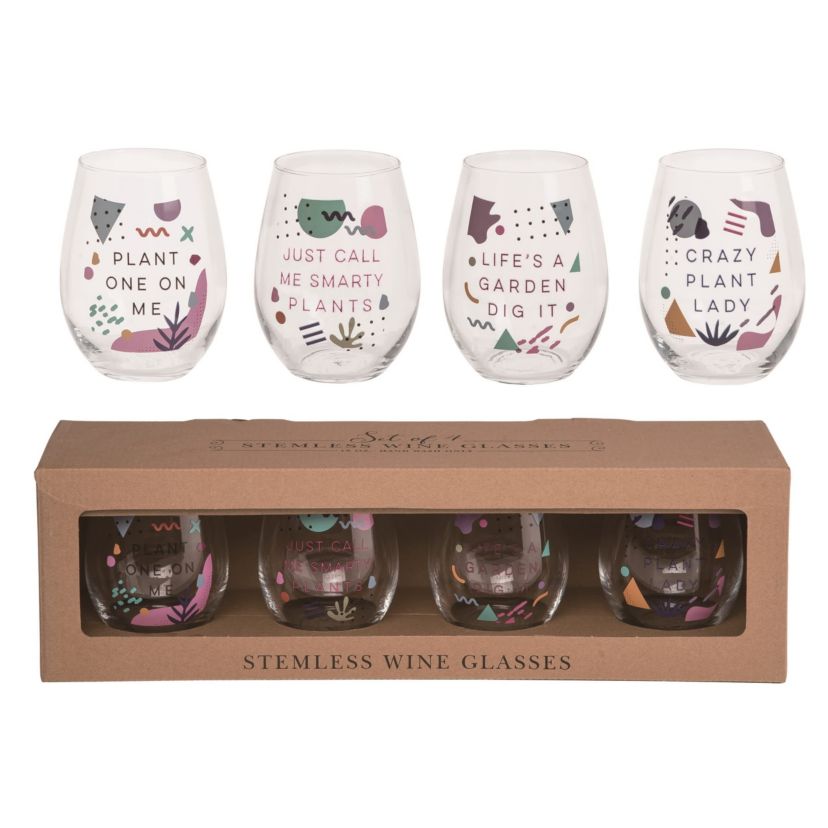 Transpac Glass 18 oz Multicolor Spring Stemless Plant Enthusiast Wine Glasses Set of 4