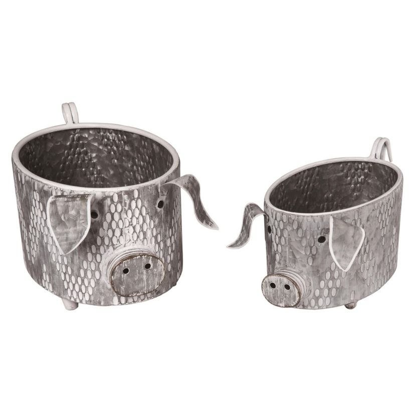 Transpac Metal 16.75" Silver Spring Patterned Rustic Pig Containers Set of 2