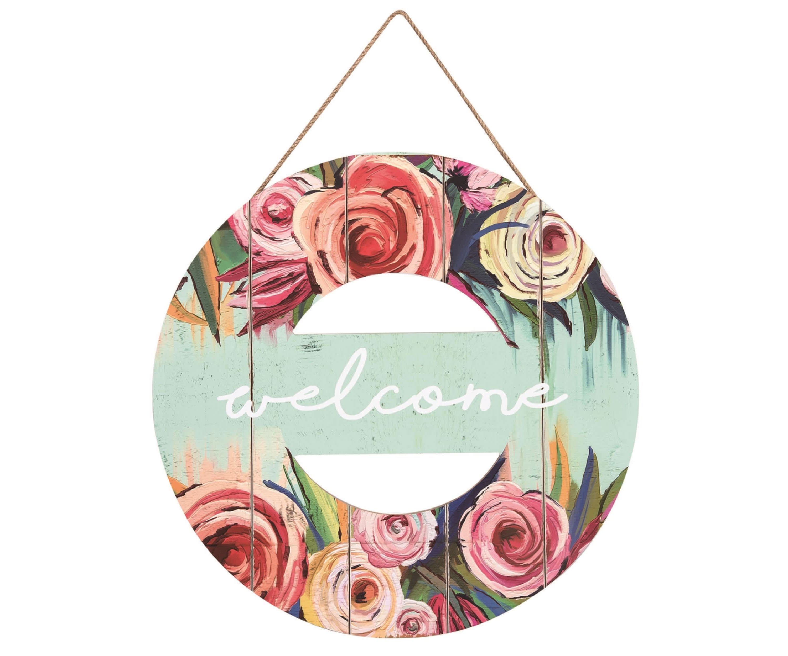 Transpac Wood 18.75" Multicolor Spring Floral Pattern Hanging Welcome Wall Decor