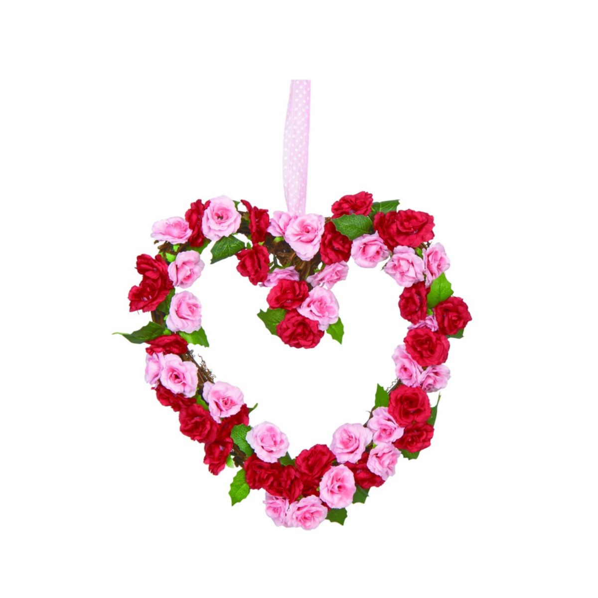 Transpac Cotton 13 in. Valentines Mixed Rosette Heart Wreath