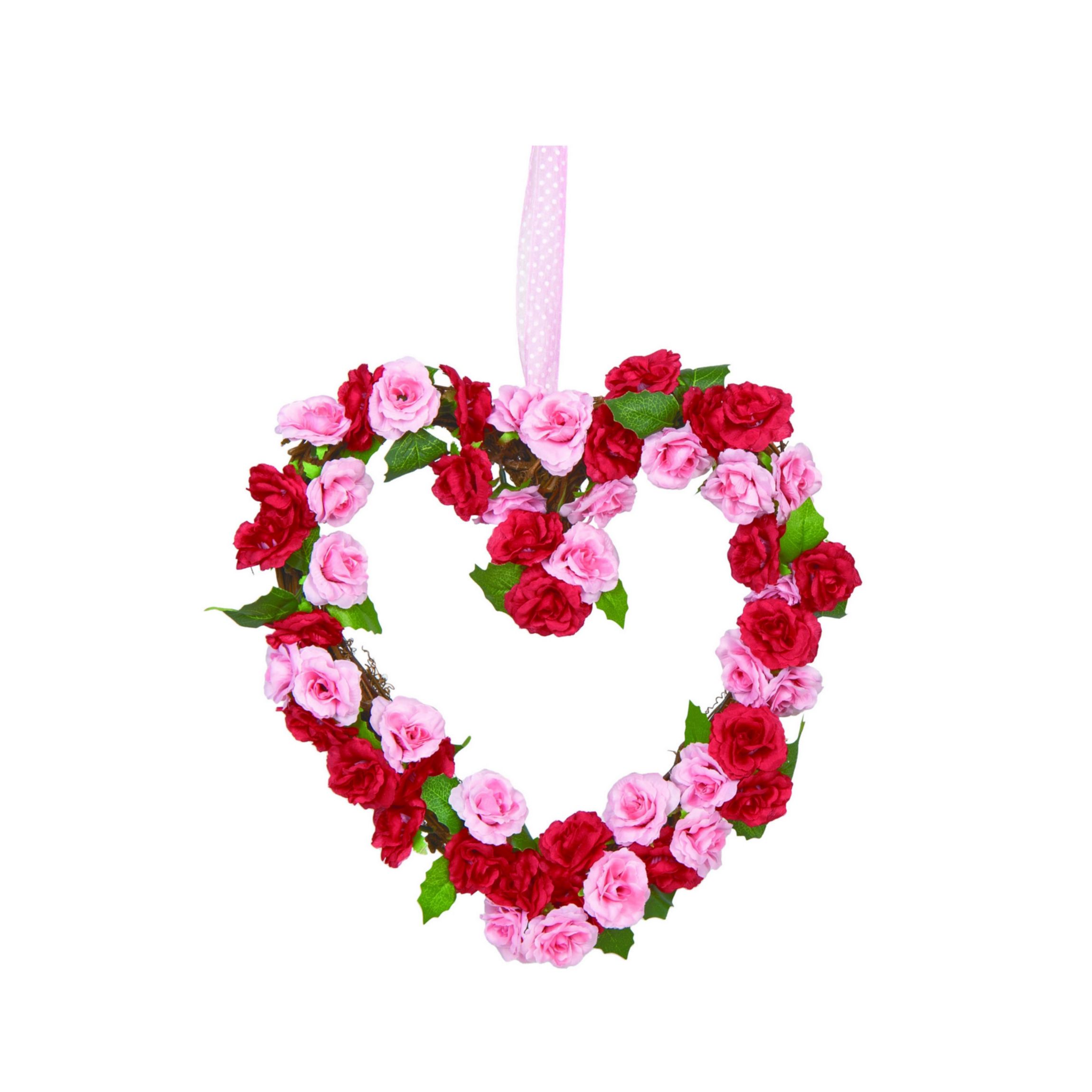 Transpac Cotton 13 in. Valentines Mixed Rosette Heart Wreath