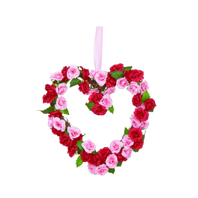 Transpac Cotton 13 in. Valentines Mixed Rosette Heart Wreath