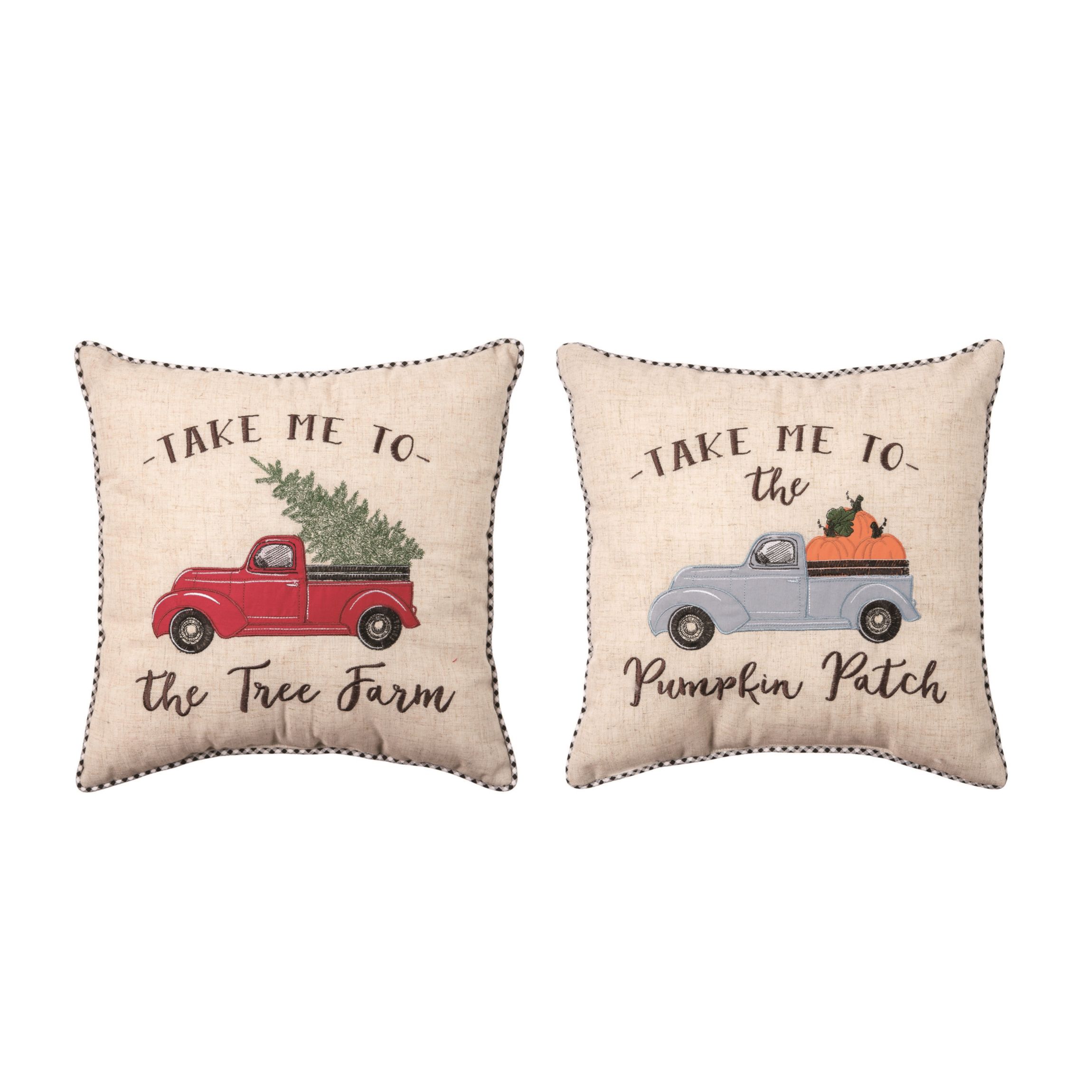 Transpac Multicolor Harvest Christmas Farm Truck Reversible Cotton Pillow, 16 x 16 inches.