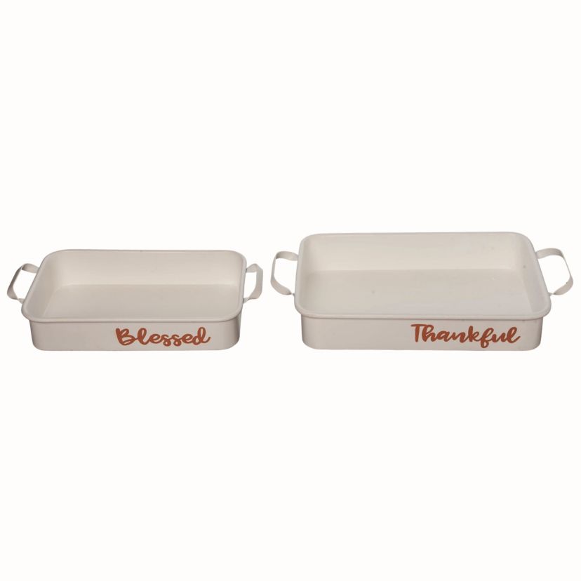 Transpac Metal Enamel Harvest Trays White Metal Set of 2