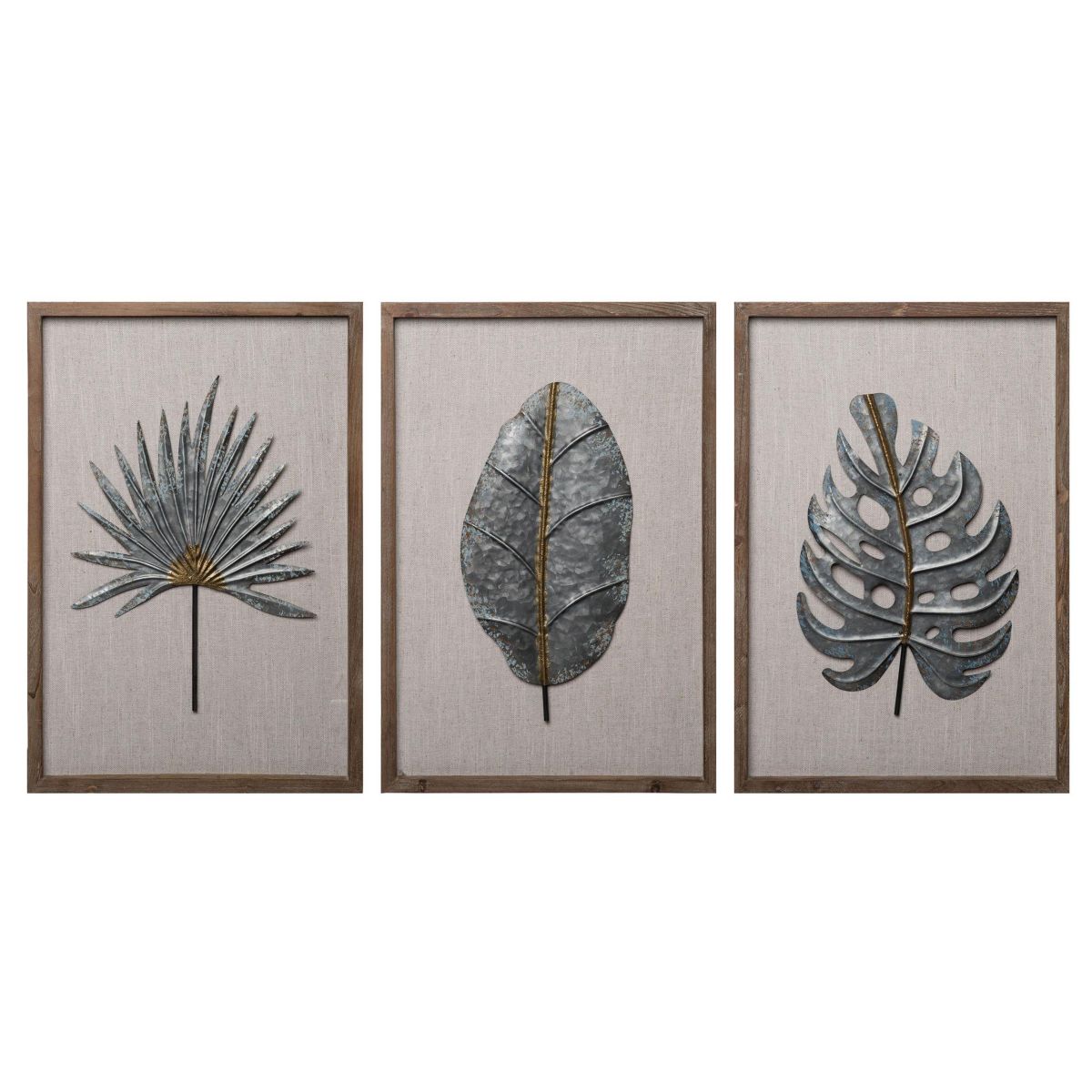 Transpac Galvanized Leaf Wall Art White Wood Set of 3