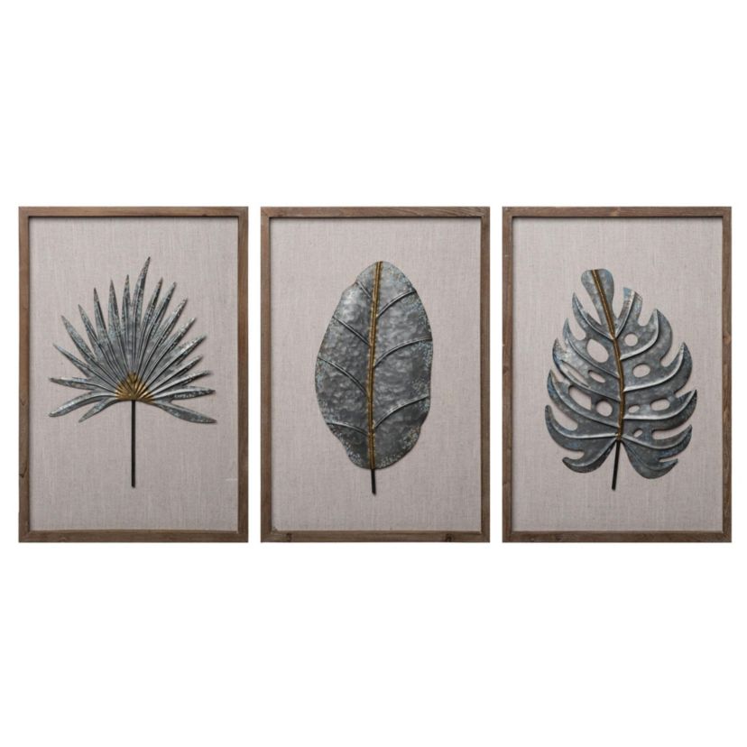 Transpac Galvanized Leaf Wall Art White Wood Set of 3
