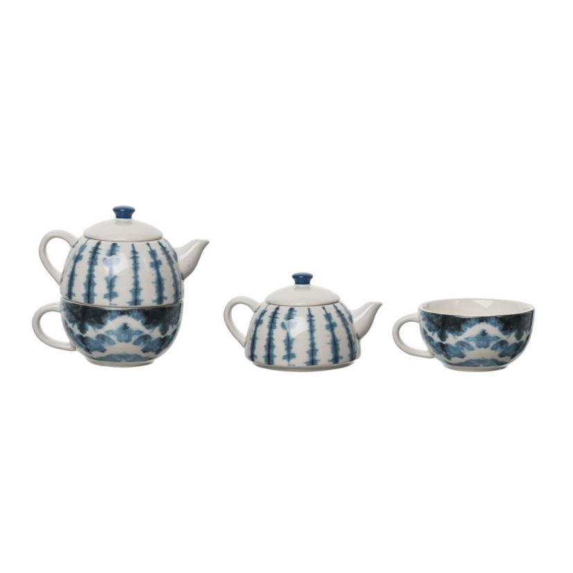 Transpac Dolomite 6.5 in. Multicolor Spring Shibori Tea for One Teapot and Mug Set of 2
