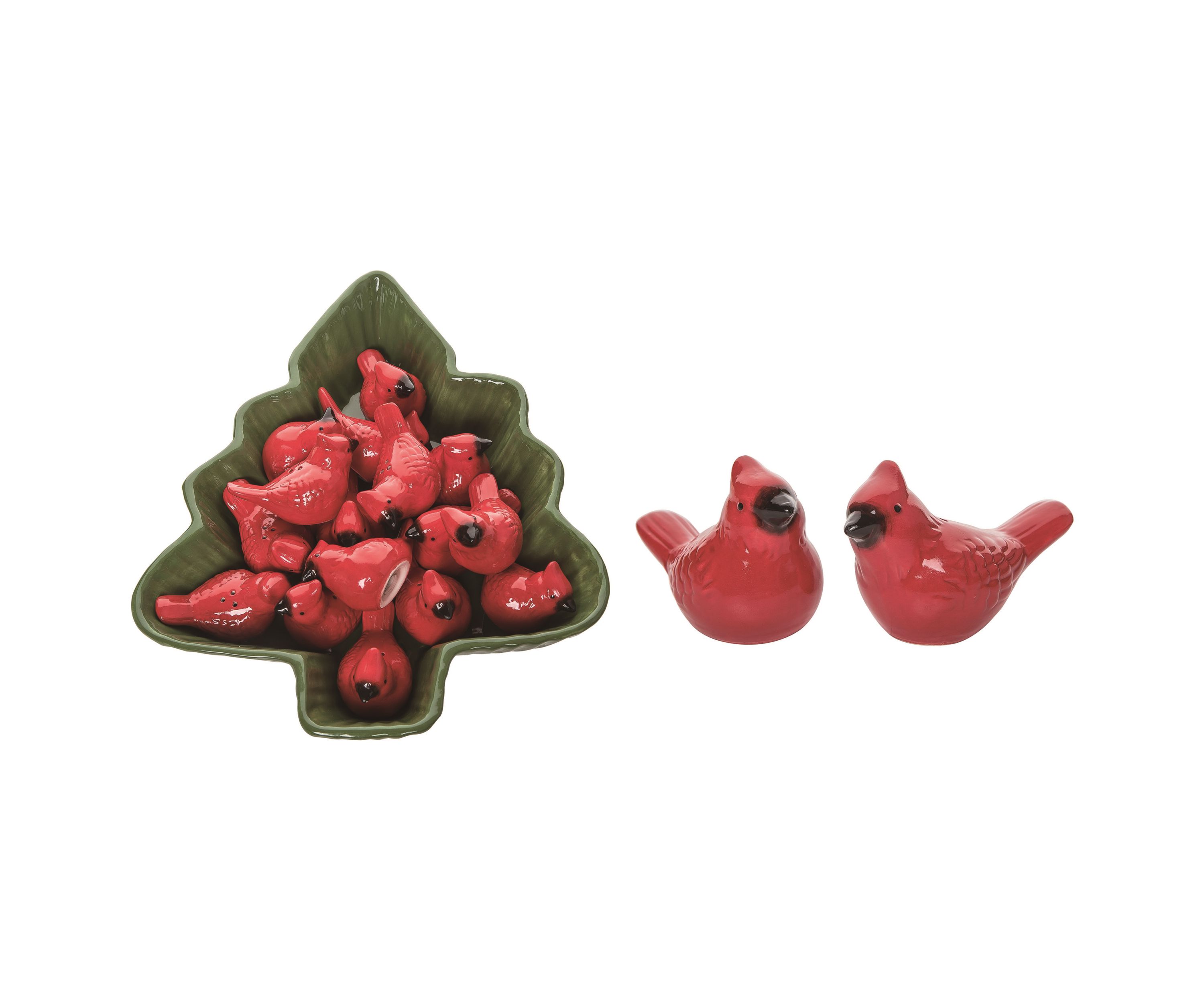 Transpac Dolomite 13 in. Multicolor Christmas Cardinal Salt and Pepper Shaker in Tree Bowl Set of 17