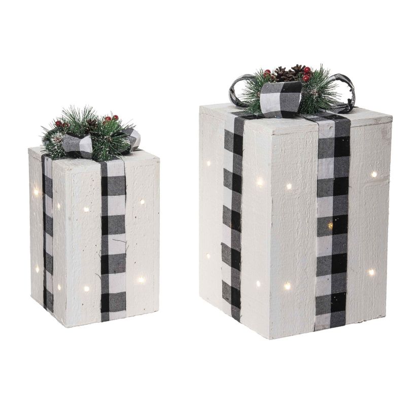 Transpac Christmas Wood Light Up Buffalo Check Bow Gift Decor Set of 2