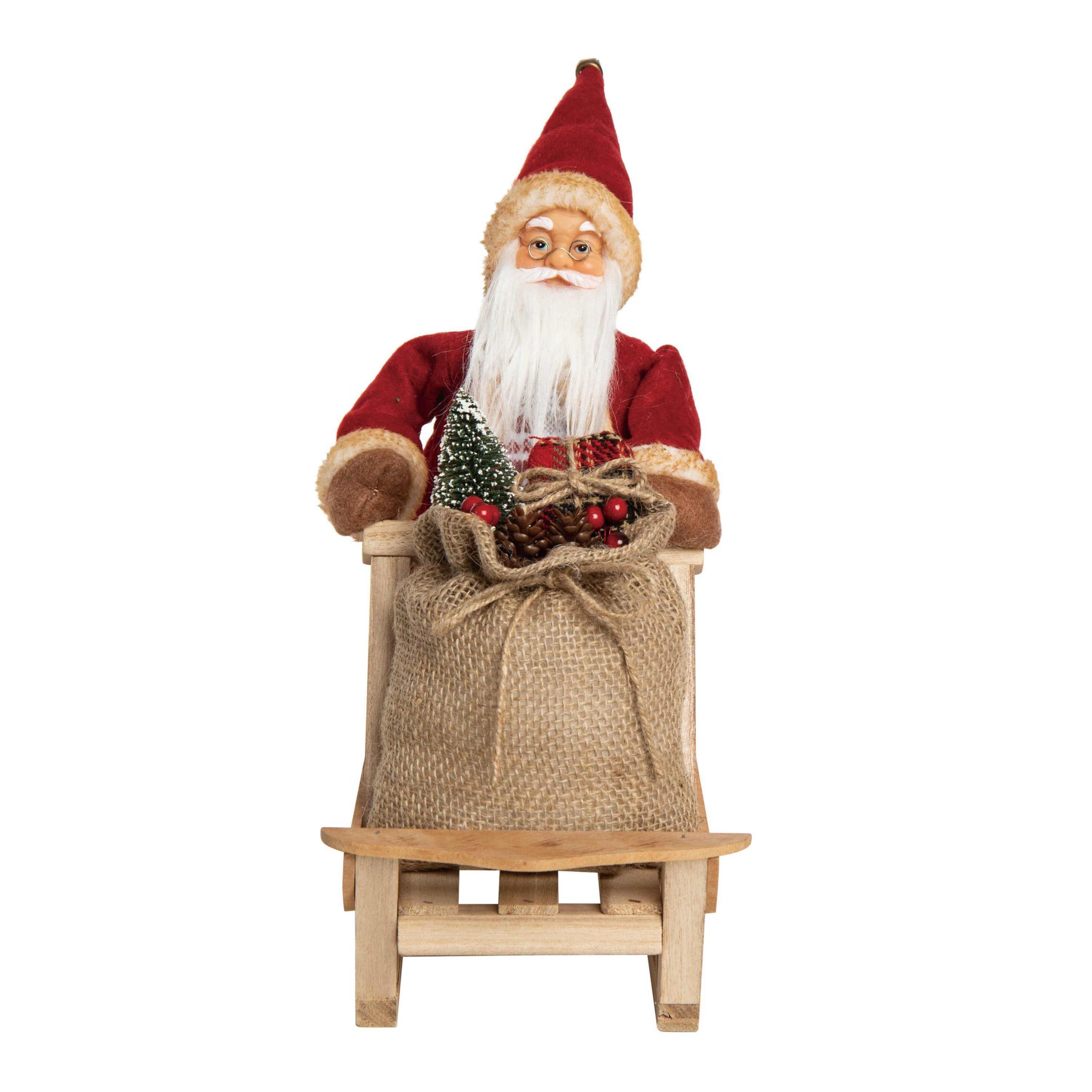 Transpac Christmas Fabric Santa w/Wood Sleigh Decor