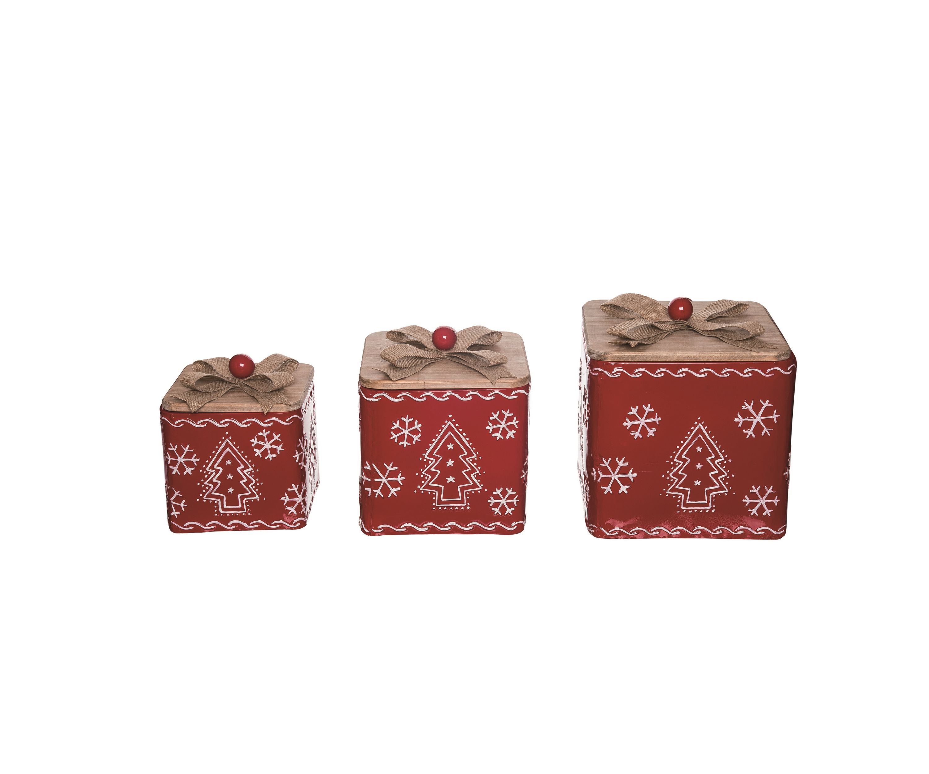 Transpac Metal 12 in. Red Christmas Embossed Design Boxes Set of 3