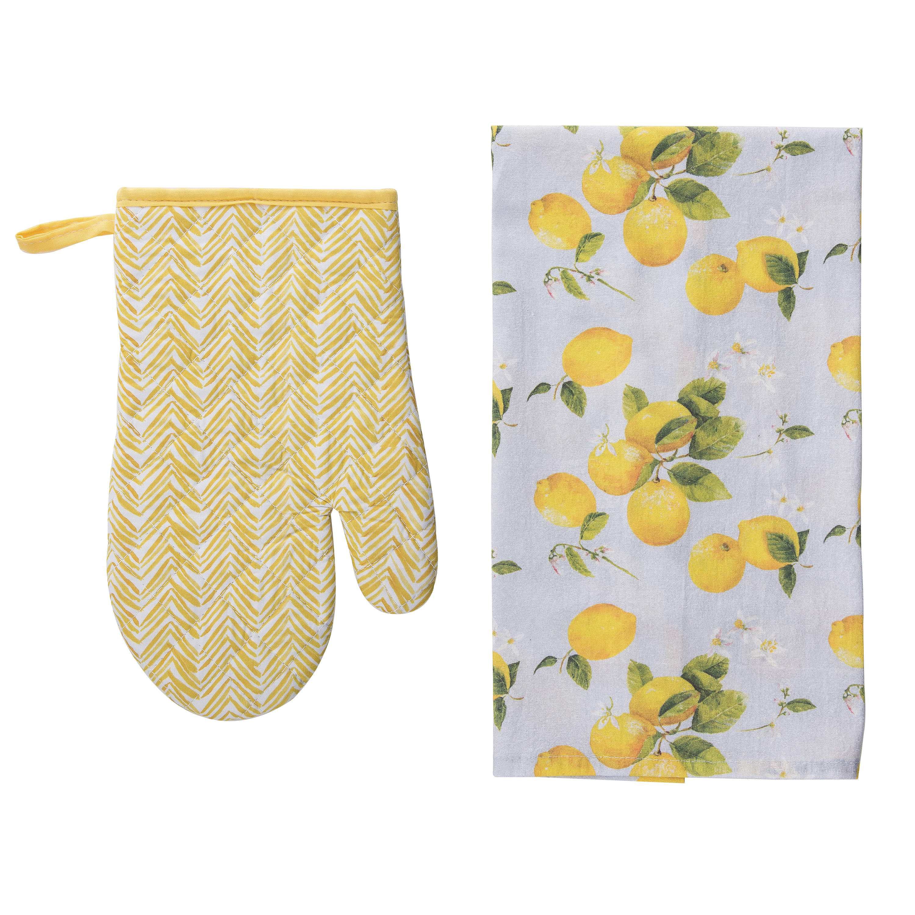 Transpac Cotton 27 inch Yellow Mitt And Tea Towel Set of 2