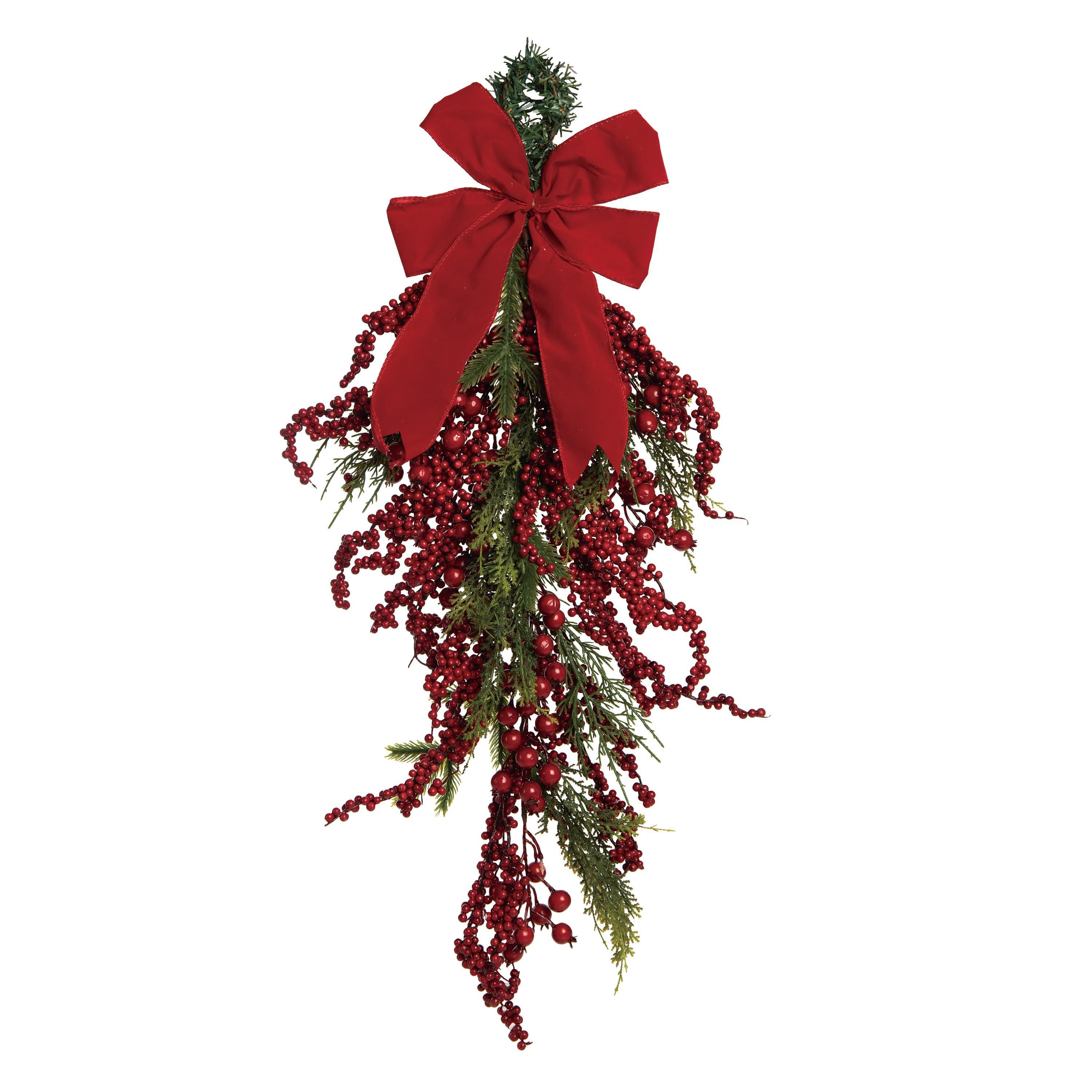 Transpac Christmas Red Velvet Bow & Berry T-Drop