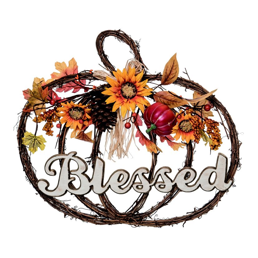 Transpac Metal 20 in. Multicolor Harvest Twig Pumpkin Shaped Blessings Wreath