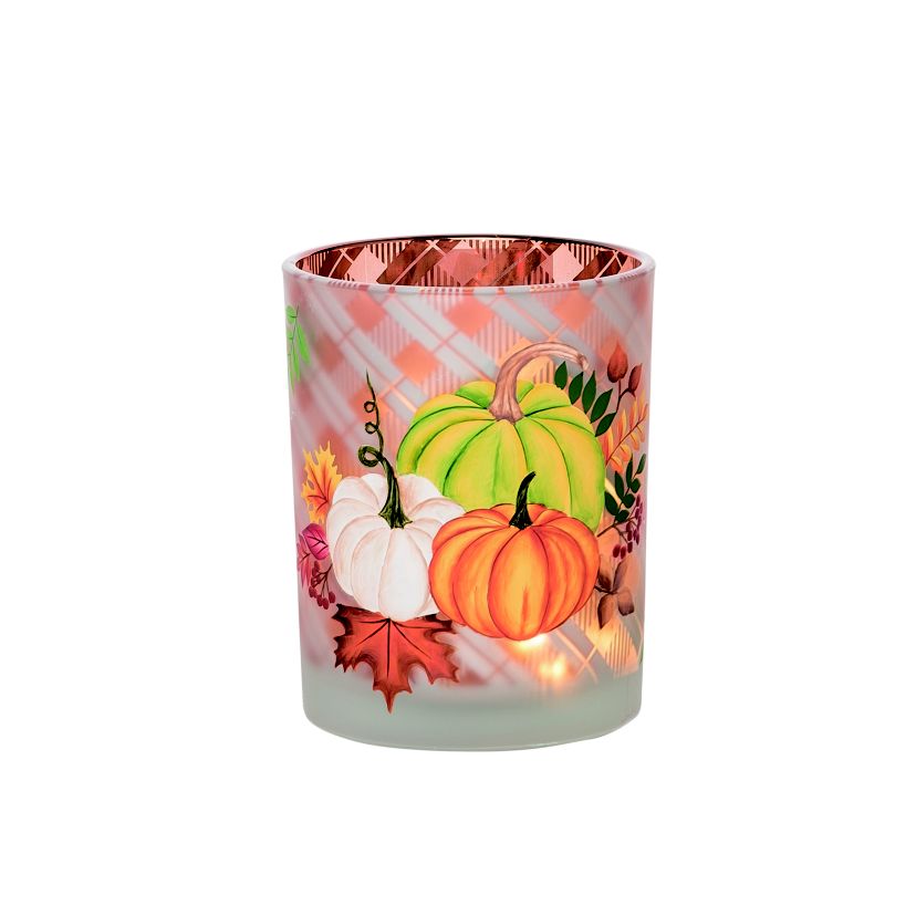 Transpac Glass 4.92 in. Multicolor Harvest Wide Plaid Pumpkin Vase