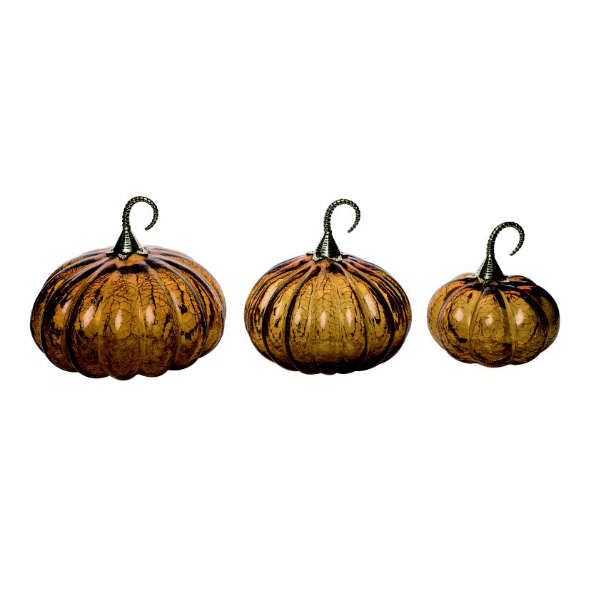 Transpac Crackle Amber Pumpkins Orange Glass Set of 3