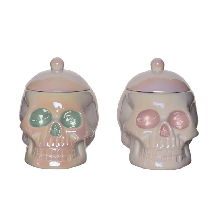 Transpac Skull Treat Jar w Lid 2 White Ceramic Set of 2
